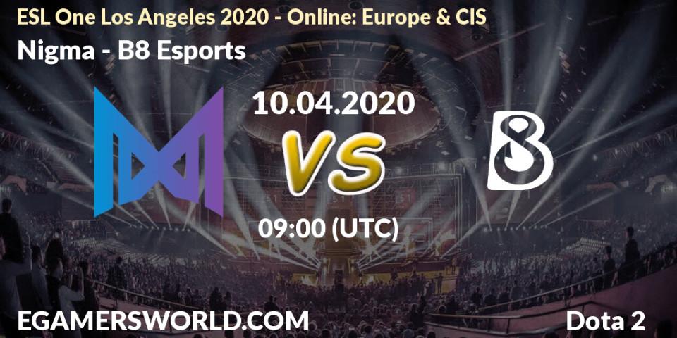 Pronóstico Nigma - B8 Esports. 10.04.2020 at 09:00, Dota 2, ESL One Los Angeles 2020 - Online: Europe & CIS