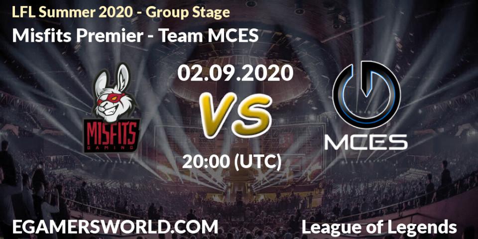 Pronóstico Misfits Premier - Team MCES. 02.09.2020 at 20:00, LoL, LFL Summer 2020 - Group Stage