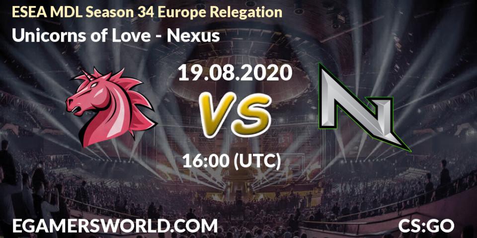 Pronóstico Unicorns of Love - Nexus. 19.08.2020 at 16:00, Counter-Strike (CS2), ESEA MDL Season 34 Europe Relegation