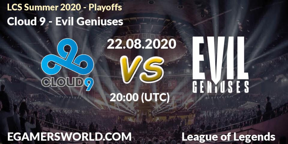 Pronóstico Cloud 9 - Evil Geniuses. 22.08.2020 at 19:34, LoL, LCS Summer 2020 - Playoffs