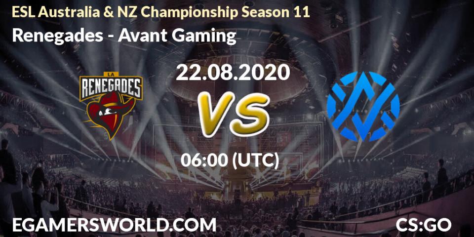 Pronóstico Renegades - Avant Gaming. 22.08.2020 at 06:20, Counter-Strike (CS2), ESL Australia & NZ Championship Season 11