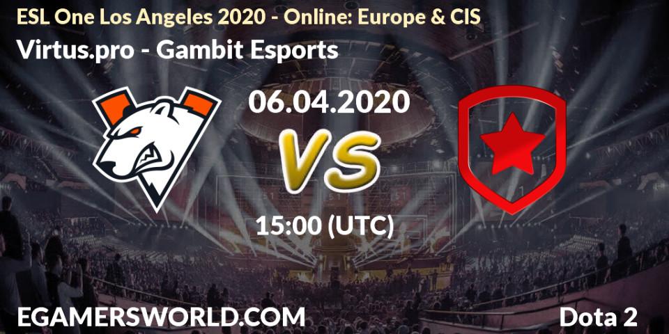 Pronóstico Virtus.pro - Gambit Esports. 06.04.20, Dota 2, ESL One Los Angeles 2020 - Online: Europe & CIS