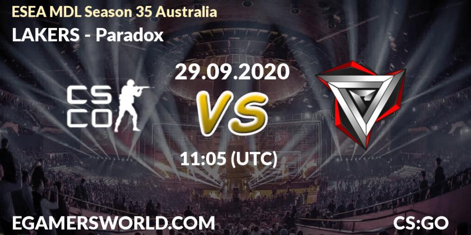 Pronóstico LAKERS - Paradox. 29.09.2020 at 11:10, Counter-Strike (CS2), ESEA MDL Season 35 Australia