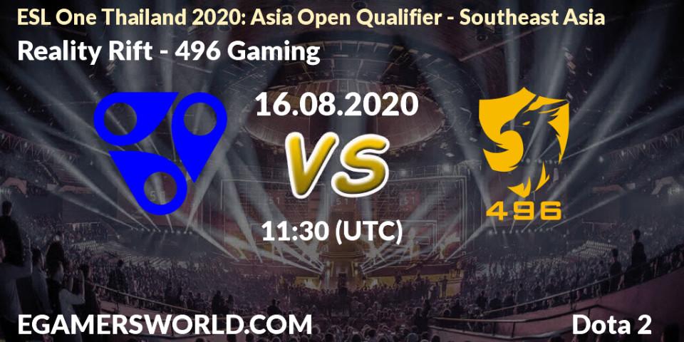 Pronóstico Reality Rift - 496 Gaming. 16.08.20, Dota 2, ESL One Thailand 2020: Asia Open Qualifier - Southeast Asia