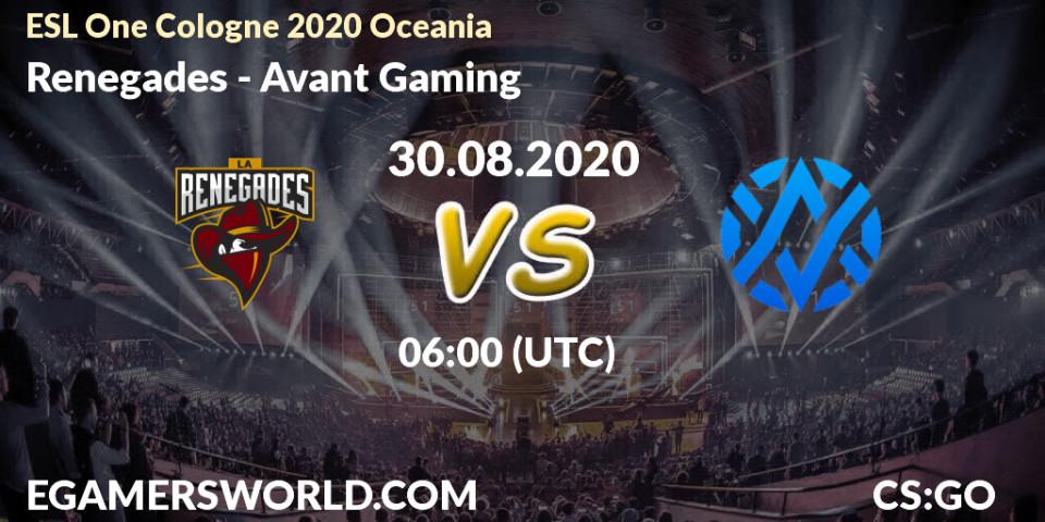 Pronóstico Renegades - Avant Gaming. 30.08.2020 at 06:00, Counter-Strike (CS2), ESL One Cologne 2020 Oceania