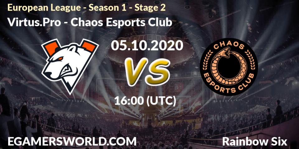 Pronóstico Virtus.Pro - Chaos Esports Club. 05.10.2020 at 16:00, Rainbow Six, European League - Season 1 - Stage 2