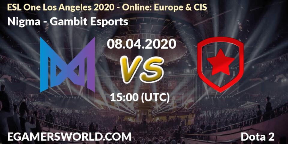 Pronóstico Nigma - Gambit Esports. 08.04.20, Dota 2, ESL One Los Angeles 2020 - Online: Europe & CIS