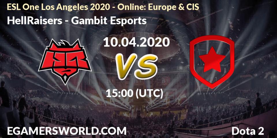 Pronóstico HellRaisers - Gambit Esports. 10.04.2020 at 13:56, Dota 2, ESL One Los Angeles 2020 - Online: Europe & CIS
