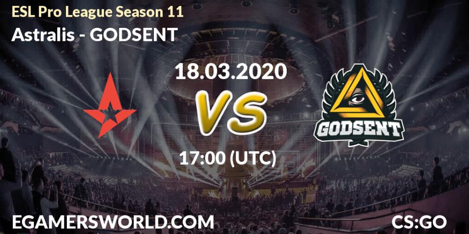Pronóstico Astralis - GODSENT. 18.03.2020 at 17:10, Counter-Strike (CS2), ESL Pro League Season 11: Europe