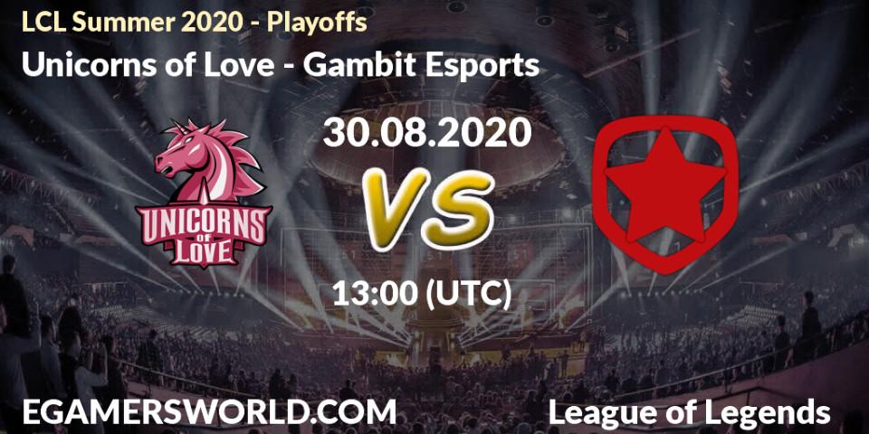 Pronóstico Unicorns of Love - Gambit Esports. 30.08.2020 at 14:41, LoL, LCL Summer 2020 - Playoffs
