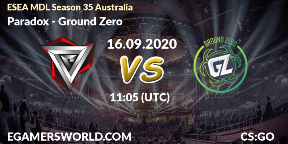 Pronóstico Paradox - Ground Zero. 16.09.2020 at 11:05, Counter-Strike (CS2), ESEA MDL Season 35 Australia