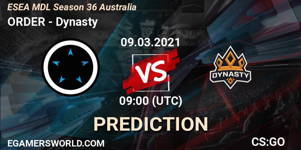 Pronóstico ORDER - Dynasty. 09.03.2021 at 09:00, Counter-Strike (CS2), MDL ESEA Season 36: Australia - Premier Division