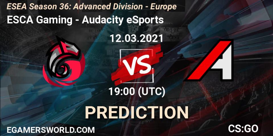 Pronóstico ESCA Gaming - Audacity eSports. 12.03.2021 at 19:00, Counter-Strike (CS2), ESEA Season 36: Europe - Advanced Division