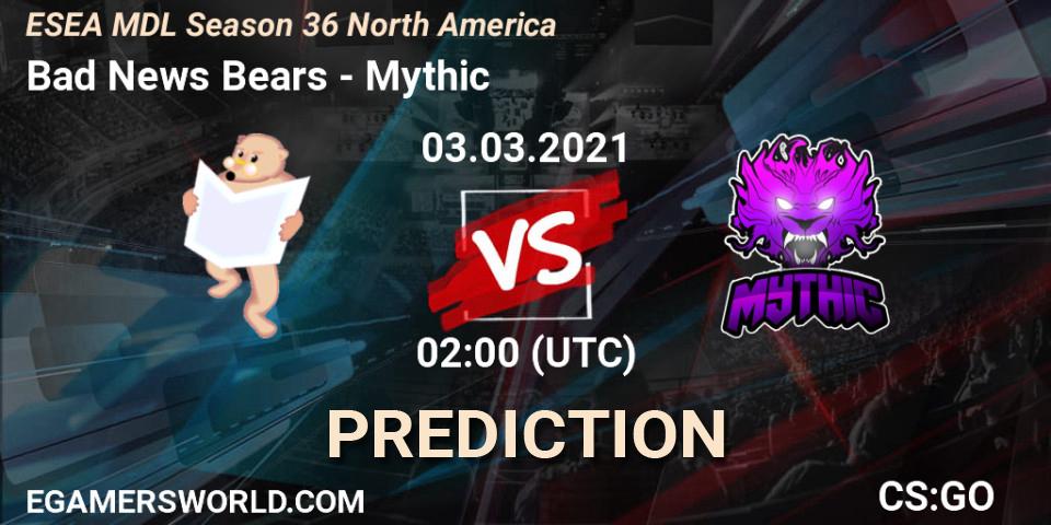 Pronóstico Bad News Bears - Mythic. 03.03.2021 at 02:00, Counter-Strike (CS2), MDL ESEA Season 36: North America - Premier Division
