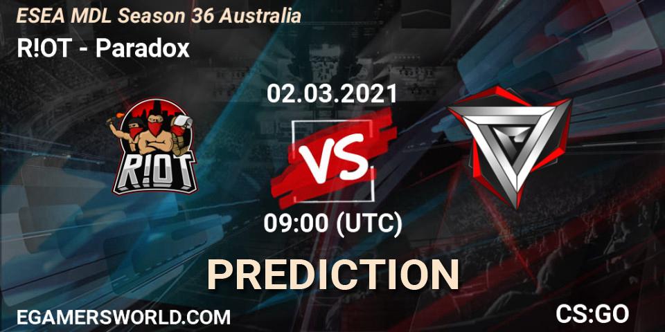 Pronóstico R!OT - Paradox. 02.03.2021 at 09:00, Counter-Strike (CS2), MDL ESEA Season 36: Australia - Premier Division