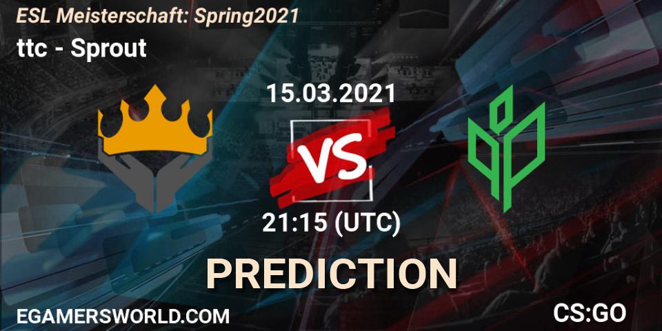 Pronóstico ttc - Sprout. 15.03.2021 at 21:30, Counter-Strike (CS2), ESL Meisterschaft: Spring 2021