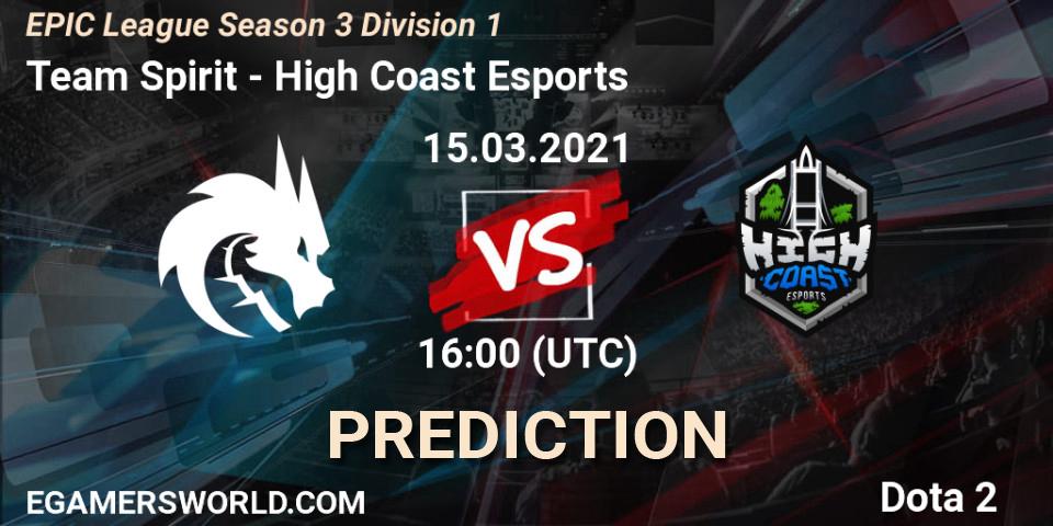 Pronóstico Team Spirit - High Coast Esports. 15.03.2021 at 16:01, Dota 2, EPIC League Season 3 Division 1