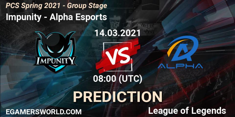 Pronóstico Impunity - Alpha Esports. 14.03.2021 at 08:00, LoL, PCS Spring 2021 - Group Stage