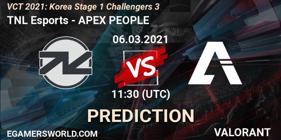 Pronóstico TNL Esports - APEX PEOPLE. 06.03.2021 at 11:30, VALORANT, VCT 2021: Korea Stage 1 Challengers 3