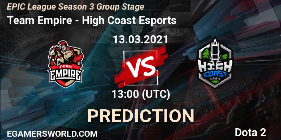 Pronóstico Team Empire - High Coast Esports. 13.03.2021 at 12:59, Dota 2, EPIC League Season 3 Group Stage