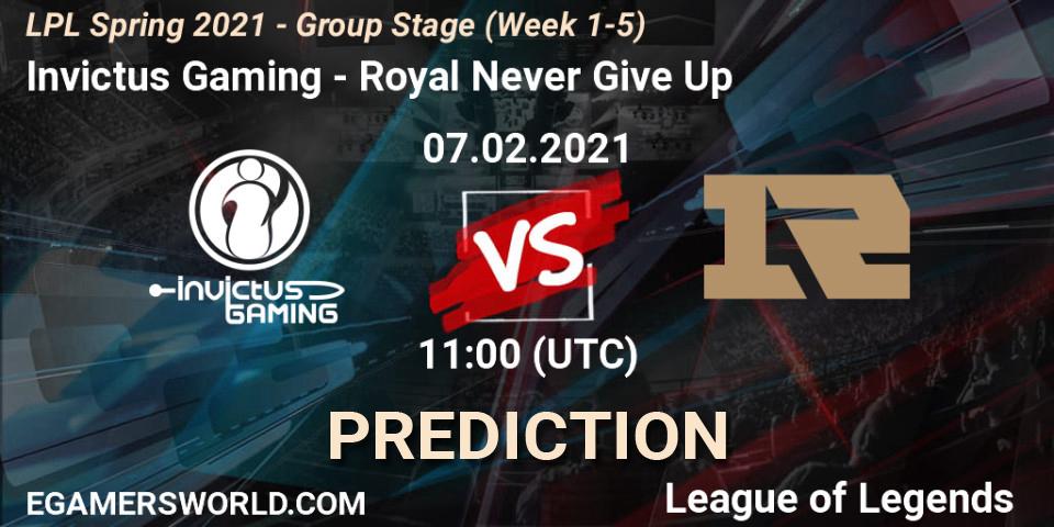 Pronóstico Invictus Gaming - Royal Never Give Up. 07.02.2021 at 12:08, LoL, LPL Spring 2021 - Group Stage (Week 1-5)