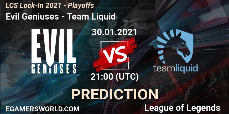 Pronóstico Evil Geniuses - Team Liquid. 30.01.2021 at 21:28, LoL, LCS Lock-In 2021 - Playoffs