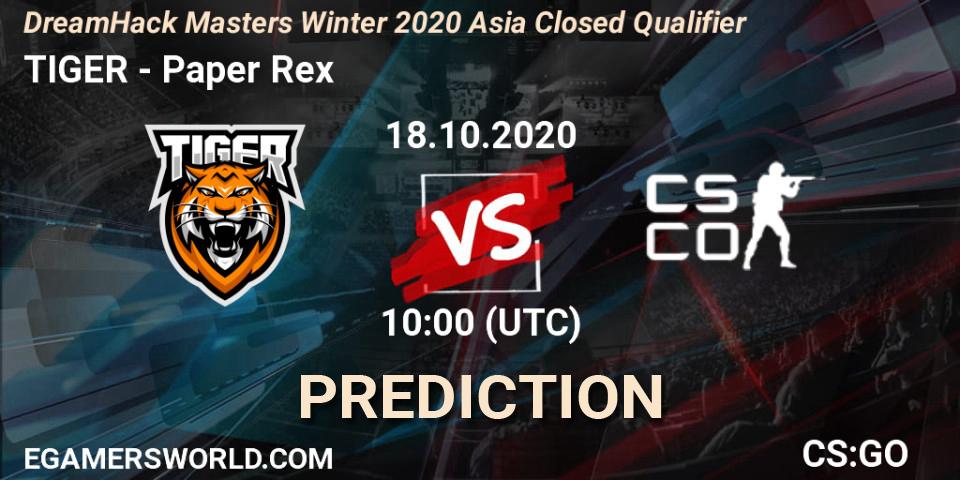 Pronóstico TIGER - Paper Rex. 18.10.2020 at 10:00, Counter-Strike (CS2), DreamHack Masters Winter 2020 Asia Closed Qualifier