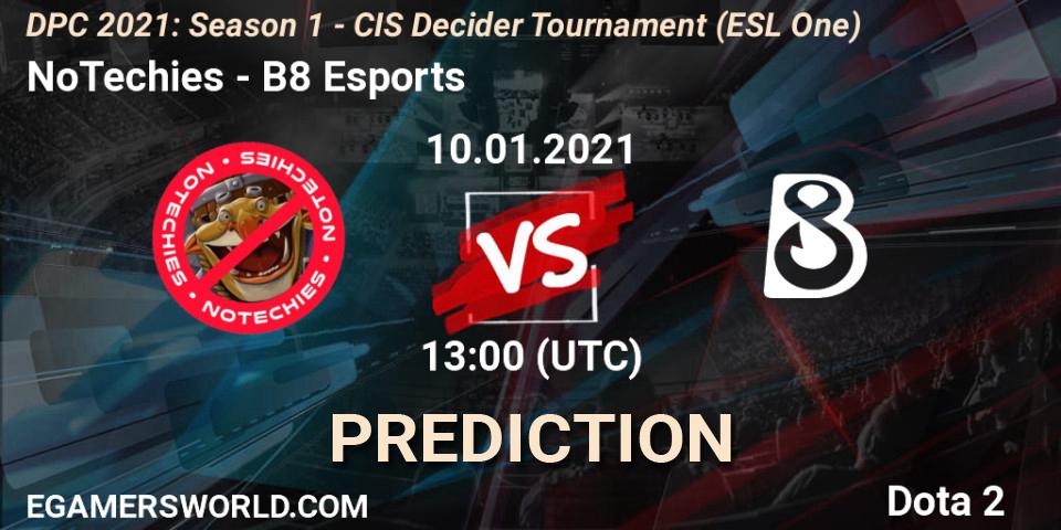 Pronóstico NoTechies - B8 Esports. 10.01.2021 at 13:00, Dota 2, DPC 2021: Season 1 - CIS Decider Tournament (ESL One)