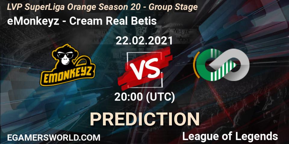 Pronóstico eMonkeyz - Cream Real Betis. 22.02.2021 at 20:00, LoL, LVP SuperLiga Orange Season 20 - Group Stage