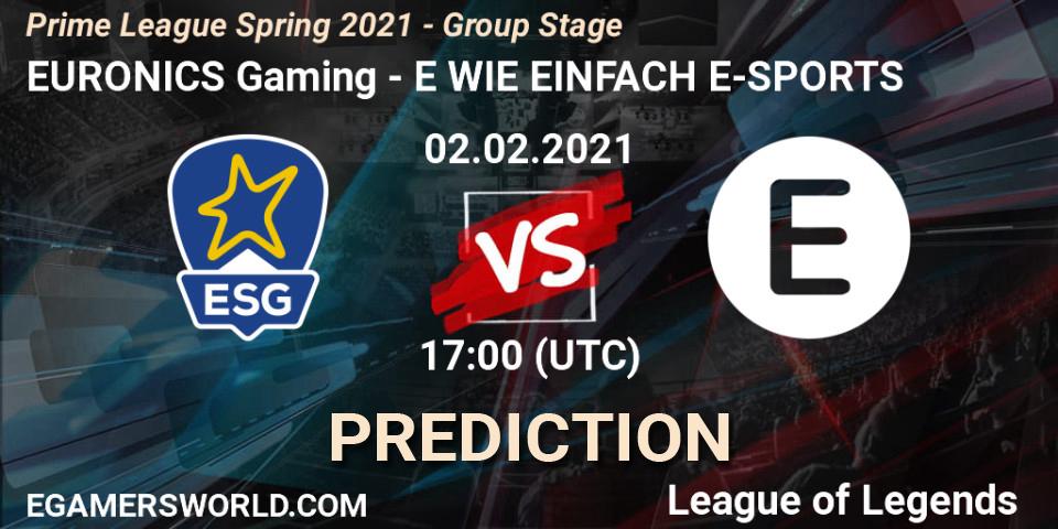 Pronóstico EURONICS Gaming - E WIE EINFACH E-SPORTS. 02.02.2021 at 18:00, LoL, Prime League Spring 2021 - Group Stage