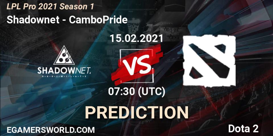Pronóstico Shadownet - CamboPride. 15.02.2021 at 07:35, Dota 2, LPL Pro 2021 Season 1