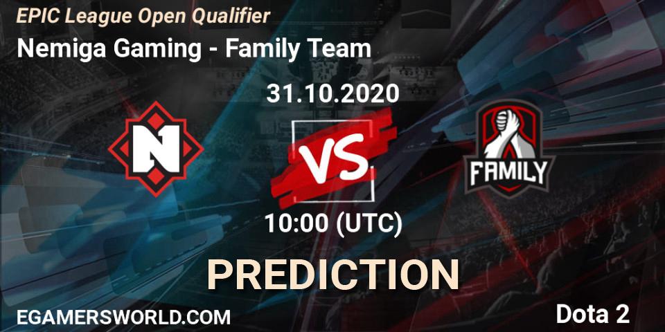 Pronóstico Nemiga Gaming - Family Team. 31.10.2020 at 10:20, Dota 2, EPIC League Open Qualifier