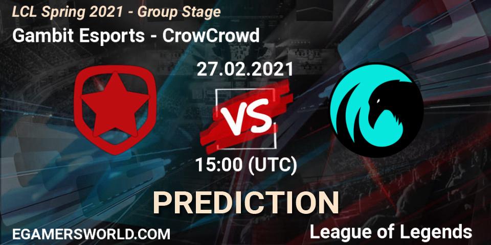 Pronóstico Gambit Esports - CrowCrowd. 27.02.2021 at 15:00, LoL, LCL Spring 2021 - Group Stage