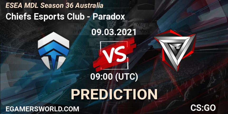 Pronóstico Chiefs Esports Club - Paradox. 09.03.2021 at 09:00, Counter-Strike (CS2), MDL ESEA Season 36: Australia - Premier Division