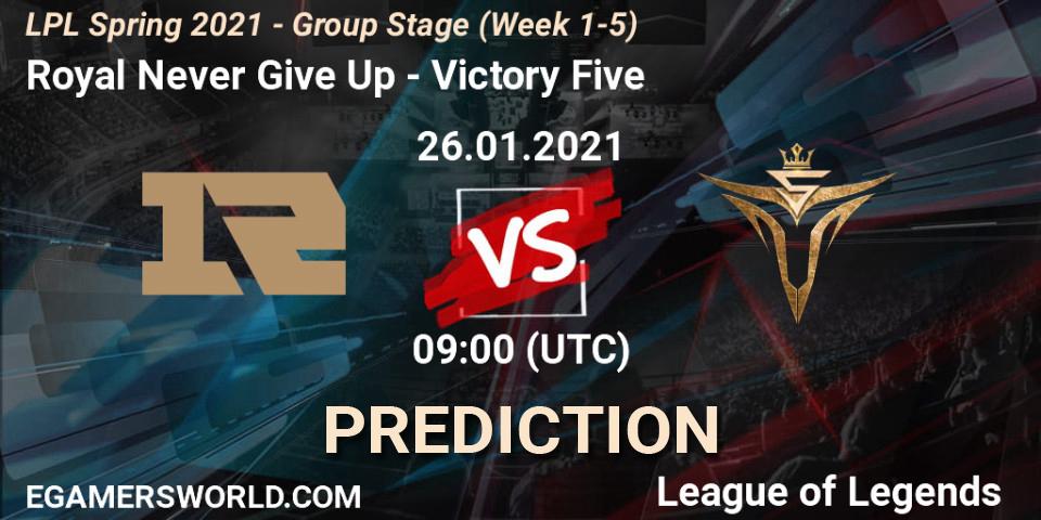 Pronóstico Royal Never Give Up - Victory Five. 26.01.2021 at 09:20, LoL, LPL Spring 2021 - Group Stage (Week 1-5)