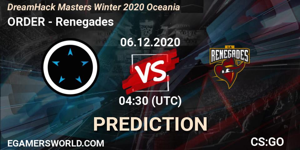 Pronóstico ORDER - Renegades. 06.12.2020 at 04:30, Counter-Strike (CS2), DreamHack Masters Winter 2020 Oceania