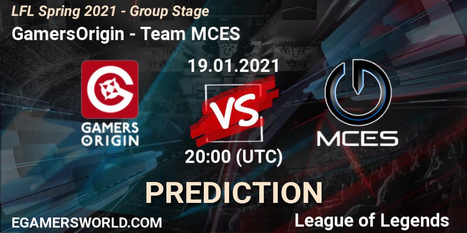 Pronóstico GamersOrigin - Team MCES. 19.01.2021 at 21:00, LoL, LFL Spring 2021 - Group Stage
