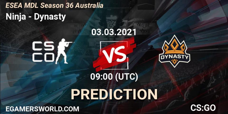 Pronóstico Ninja - Dynasty. 03.03.2021 at 09:00, Counter-Strike (CS2), MDL ESEA Season 36: Australia - Premier Division
