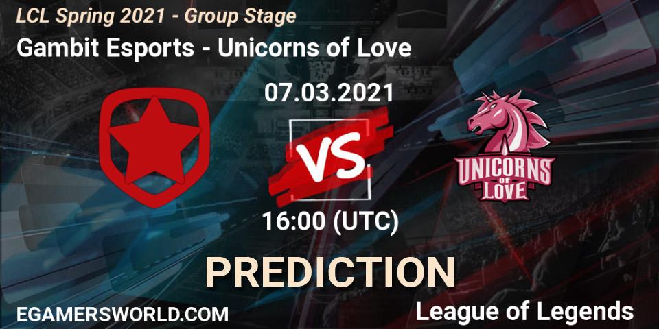 Pronóstico Gambit Esports - Unicorns of Love. 07.03.2021 at 16:00, LoL, LCL Spring 2021 - Group Stage