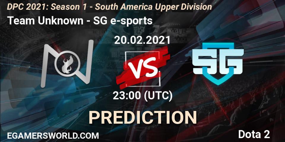 Pronóstico Team Unknown - SG e-sports. 20.02.2021 at 23:00, Dota 2, DPC 2021: Season 1 - South America Upper Division