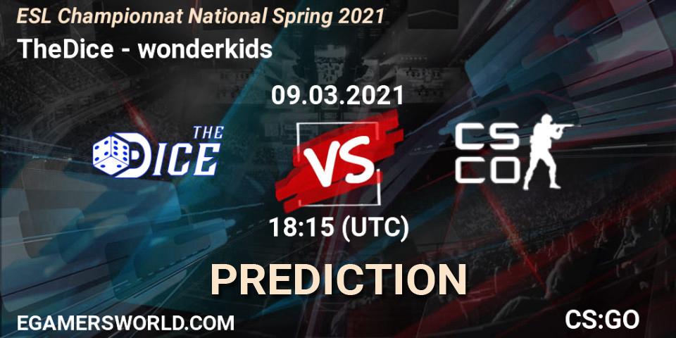 Pronóstico TheDice - wonderkids. 09.03.2021 at 19:30, Counter-Strike (CS2), ESL Championnat National Spring 2021