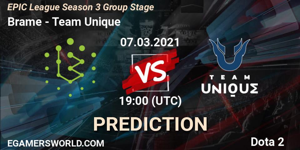Pronóstico Brame - Team Unique. 07.03.2021 at 19:53, Dota 2, EPIC League Season 3 Group Stage