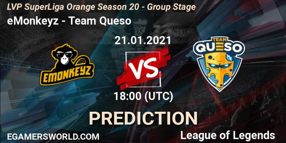 Pronóstico eMonkeyz - Team Queso. 21.01.21, LoL, LVP SuperLiga Orange Season 20 - Group Stage