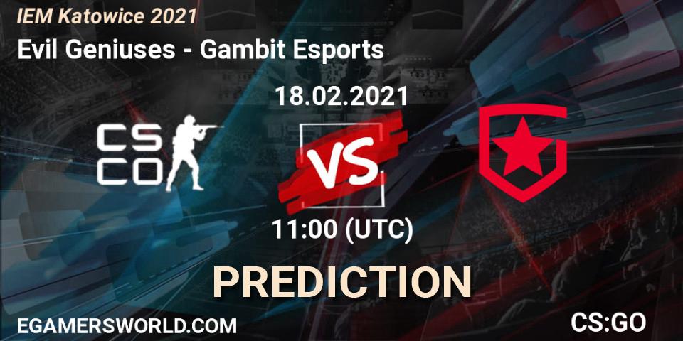 Pronóstico Evil Geniuses - Gambit Esports. 18.02.2021 at 11:00, Counter-Strike (CS2), IEM Katowice 2021