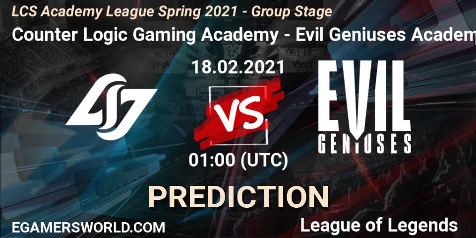 Pronóstico Counter Logic Gaming Academy - Evil Geniuses Academy. 18.02.2021 at 01:00, LoL, LCS Academy League Spring 2021 - Group Stage