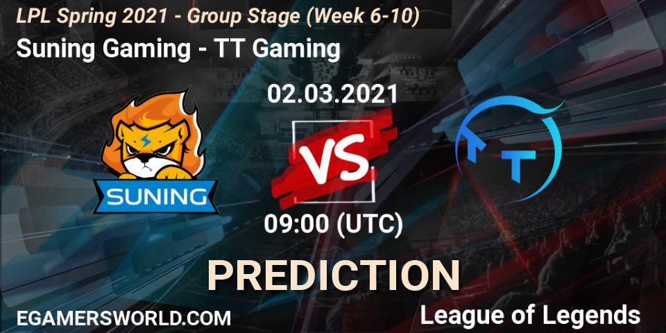 Pronóstico Suning Gaming - TT Gaming. 02.03.2021 at 09:00, LoL, LPL Spring 2021 - Group Stage (Week 6-10)