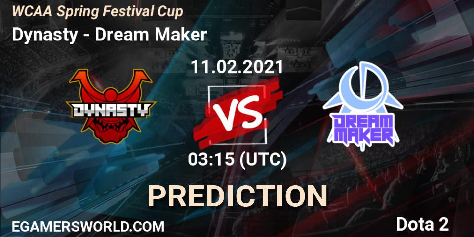 Pronóstico Dynasty - Dream Maker. 11.02.2021 at 03:38, Dota 2, WCAA Spring Festival Cup