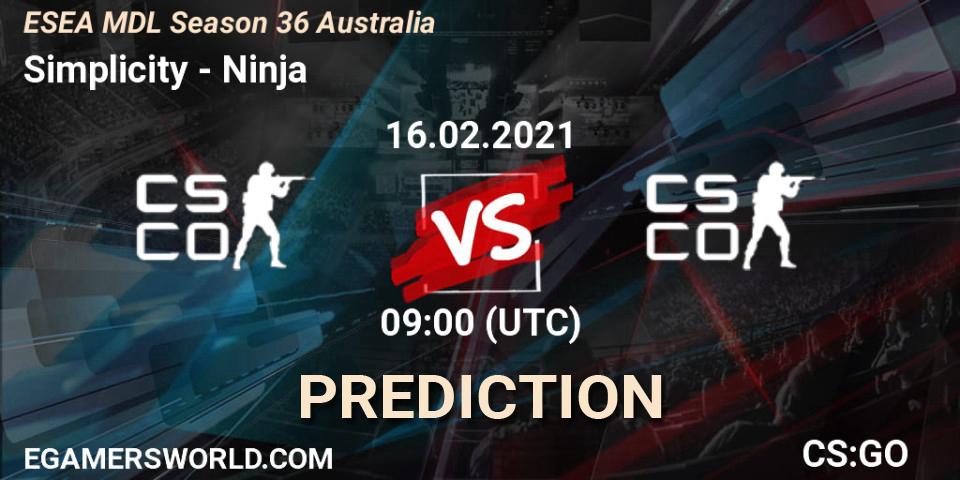 Pronóstico Simplicity - Ninja. 16.02.2021 at 09:00, Counter-Strike (CS2), MDL ESEA Season 36: Australia - Premier Division