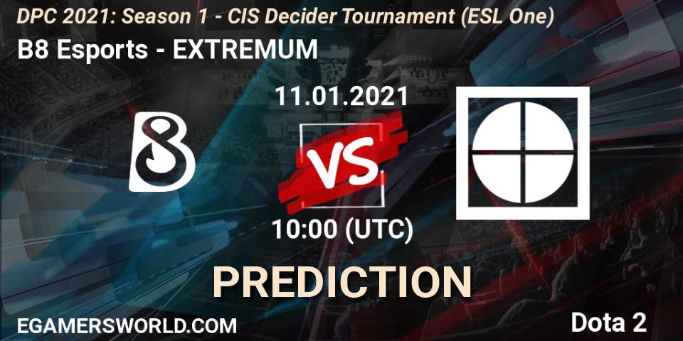 Pronóstico B8 Esports - EXTREMUM. 11.01.2021 at 10:00, Dota 2, DPC 2021: Season 1 - CIS Decider Tournament (ESL One)