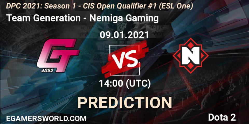 Pronóstico Team Generation - Nemiga Gaming. 09.01.2021 at 14:04, Dota 2, DPC 2021: Season 1 - CIS Open Qualifier #1 (ESL One)